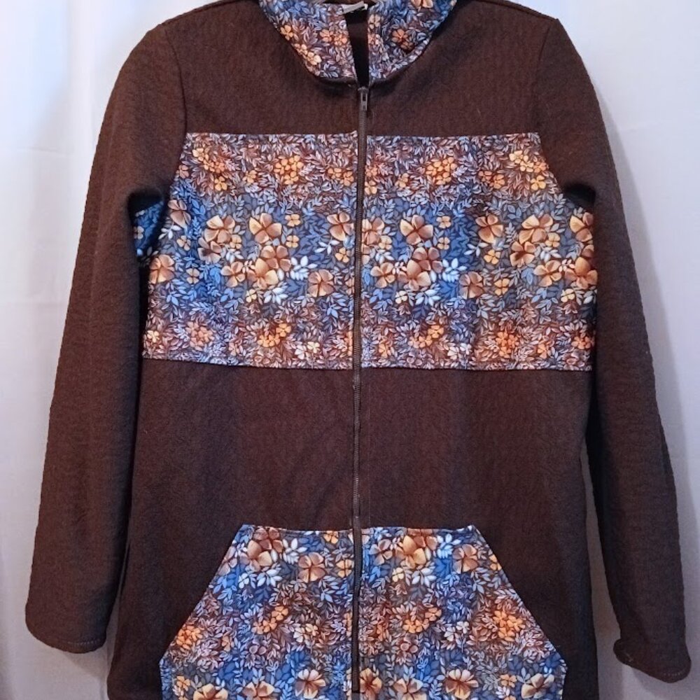 Nwt Hawaiian Full zip Hoodie Sweatshirt women S Brown Blue Gold floral contrast